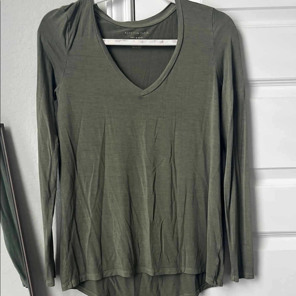American Eagle Outfitters Asymmetrical Green Long Sleeve Blouse
